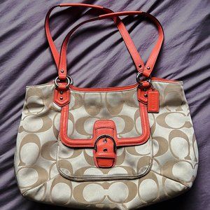Coach Campbell Signature Belle Carryall Tote Handbag Purse, Beige/Coral
